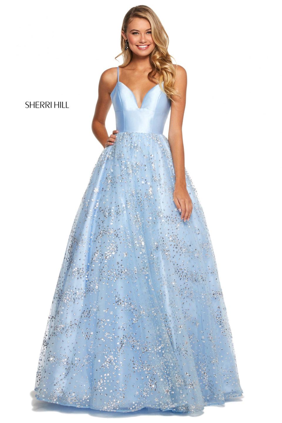 sherri hill Mikado bodice with deep sweetheart neckline and corset style lace up back with scattered glitter sequins tulle ballgown skirt