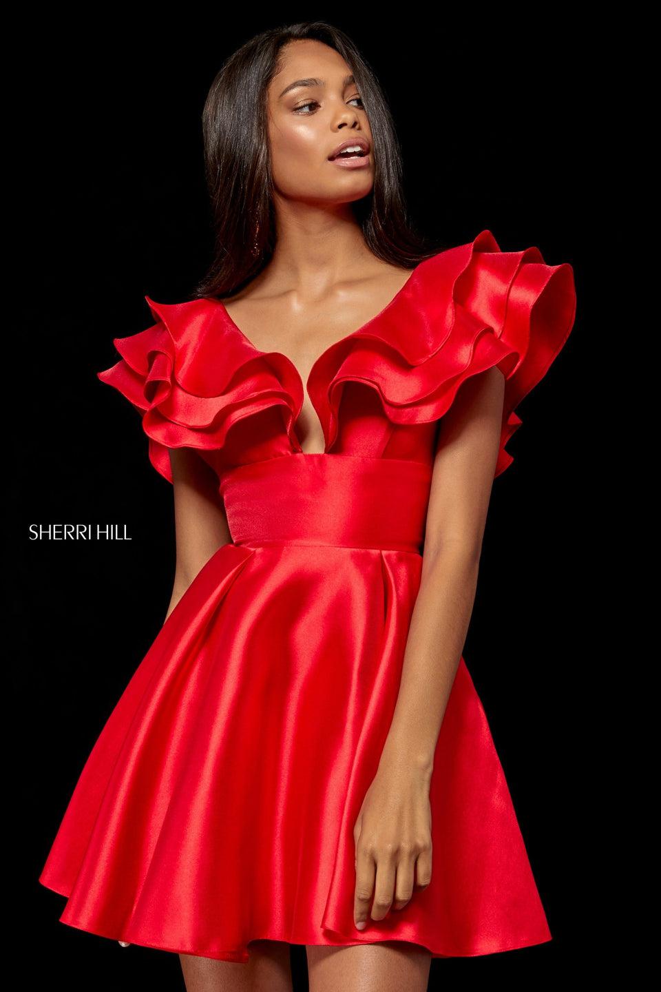 Sherri Hill Mikado Cocktail With V-neck Bodice And Ruffle Sleeves
