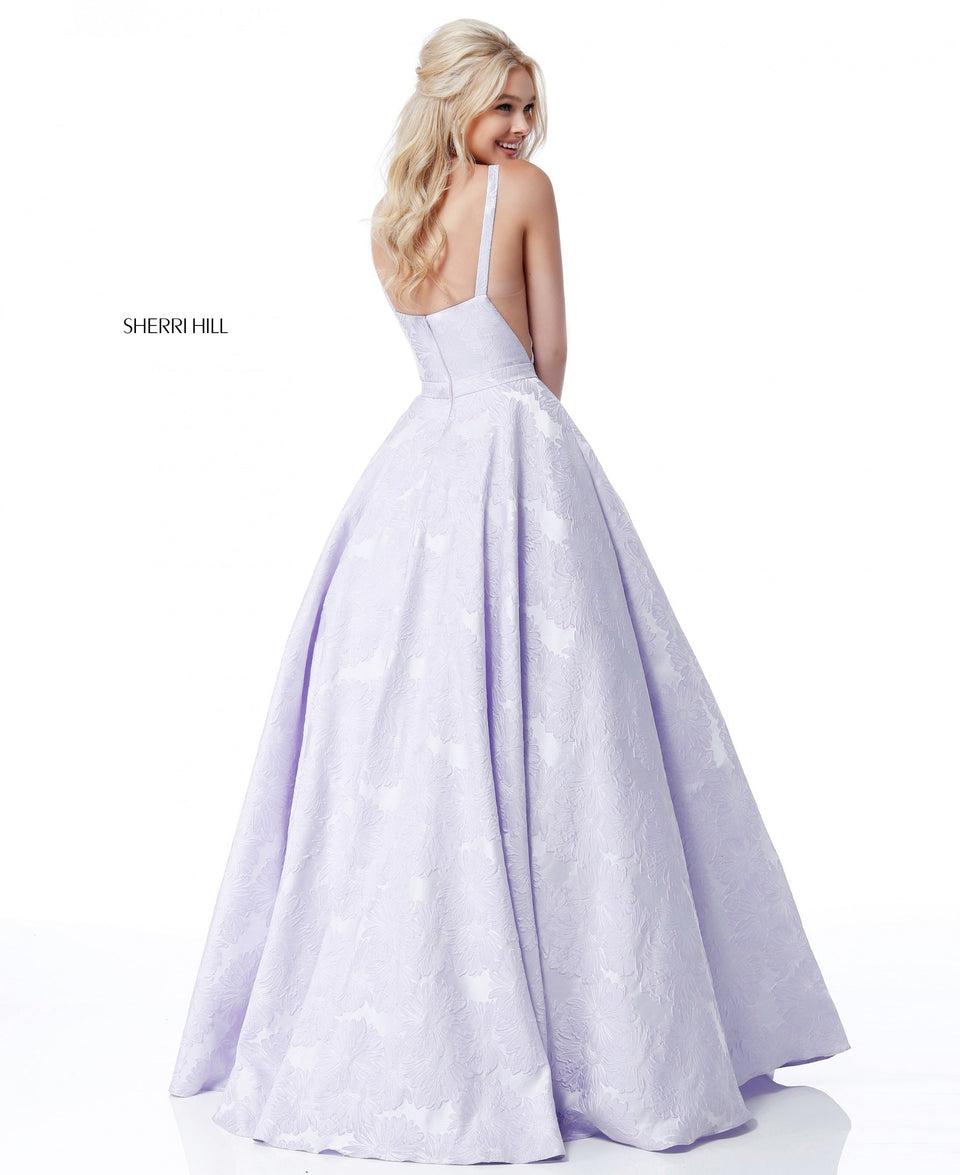 Sherri Hill Mikado Embroidered Ball Gown With Deep-V Bodice And Sides