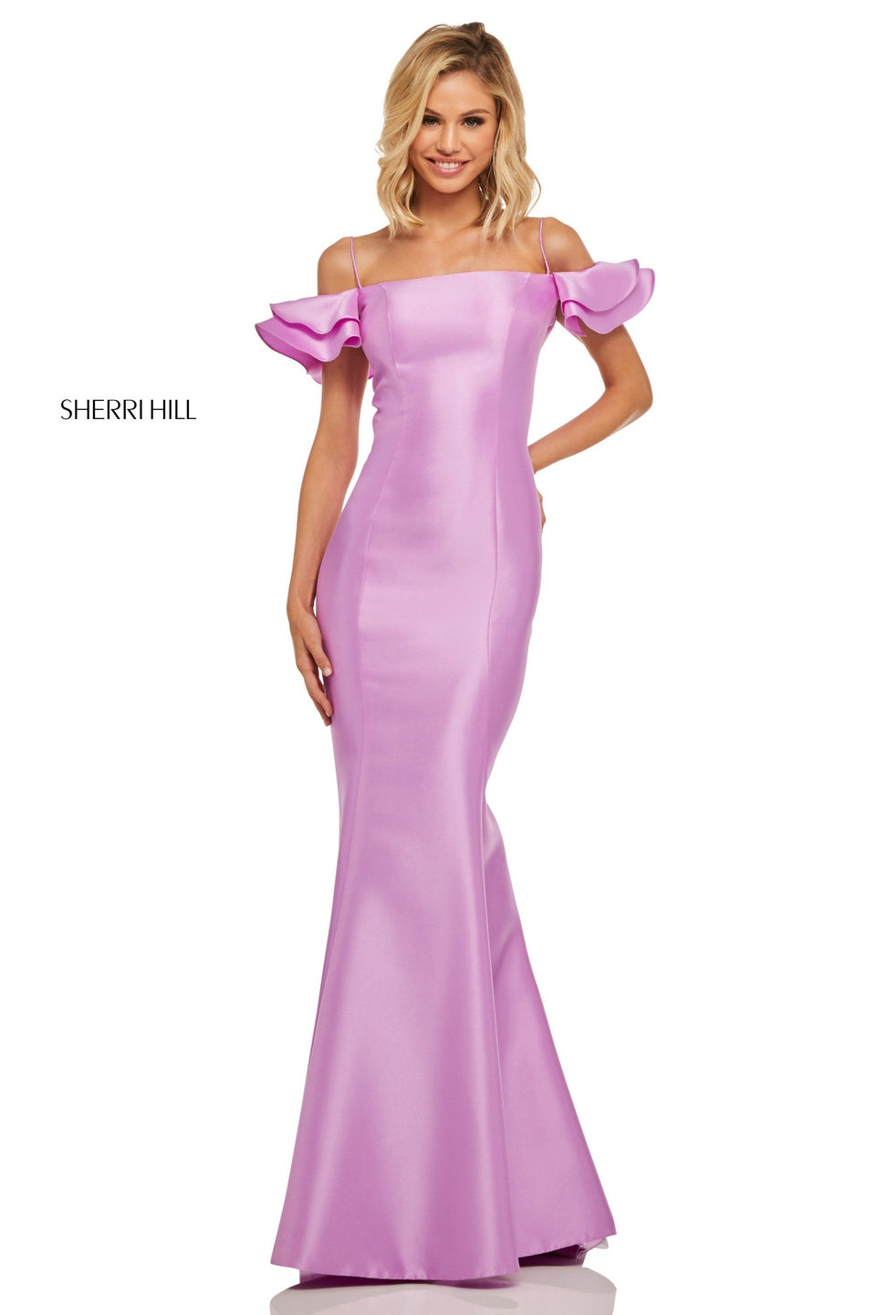 Sherri Hill Mikado Mermaid Dress With Ruffled Off-the-shoulder Neckline And Cut Out Back