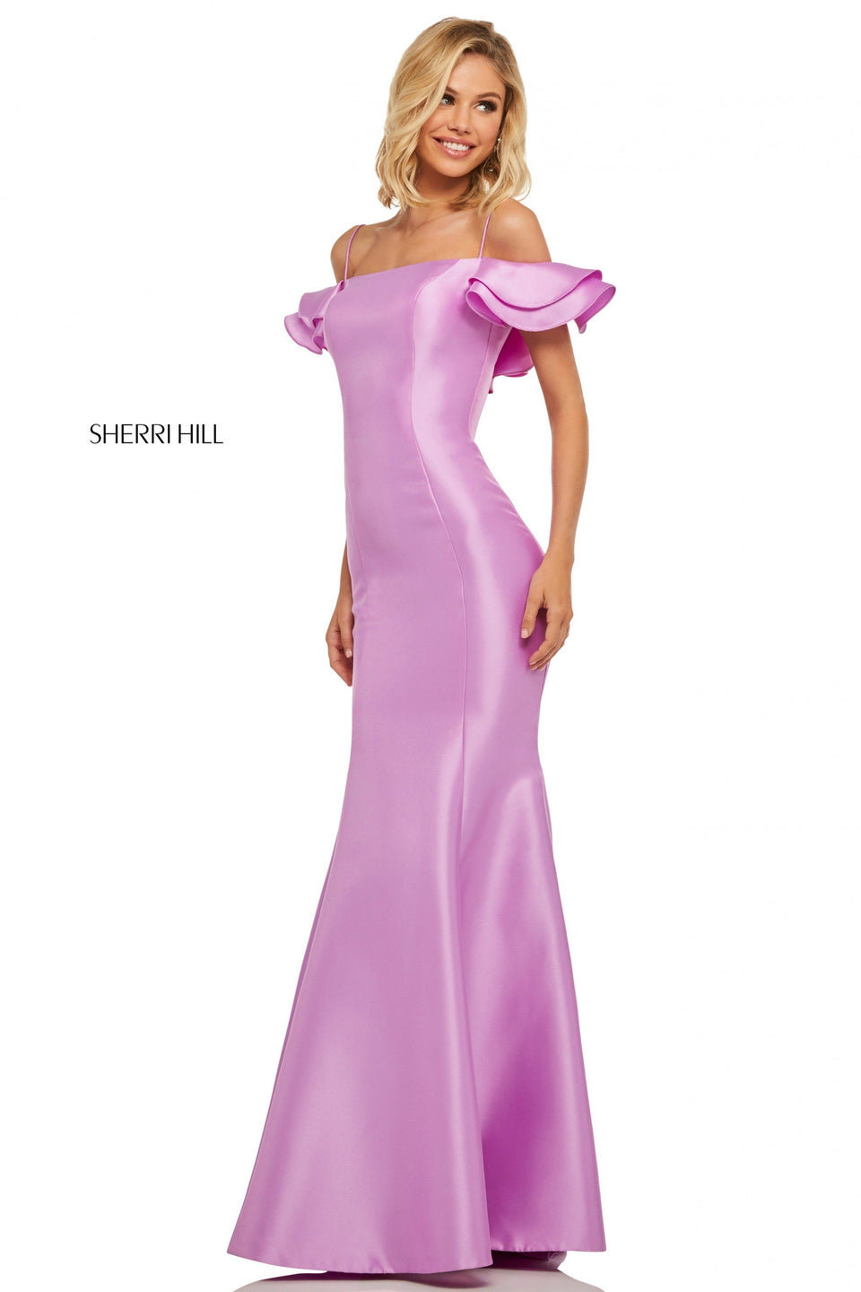 Sherri Hill Mikado Mermaid Dress With Ruffled Off-the-shoulder Neckline And Cut Out Back