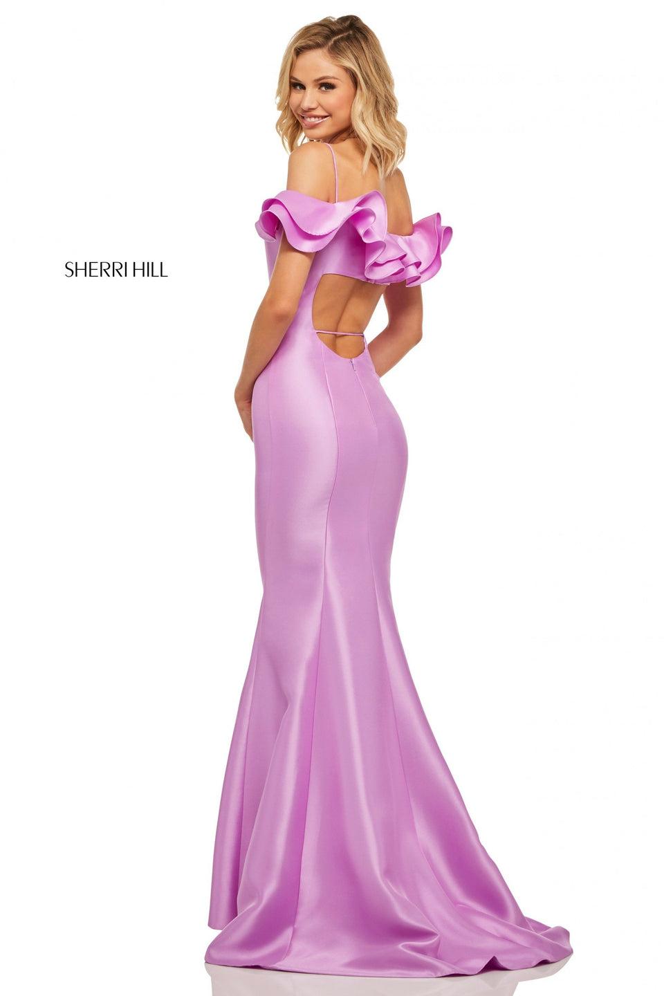 Sherri Hill Mikado Mermaid Dress With Ruffled Off-the-shoulder Neckline And Cut Out Back
