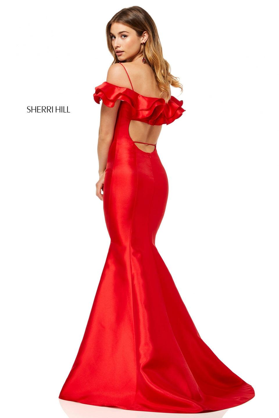 sherri hill Mikado mermaid dress with ruffled off-the-shoulder neckline and cut out back