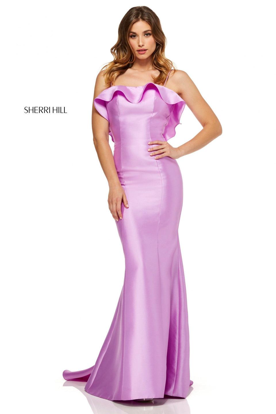 Sherri Hill Mikado Mermaid Dress With Spaghetti Straps And Ruffles On The Neckline And Down The Back