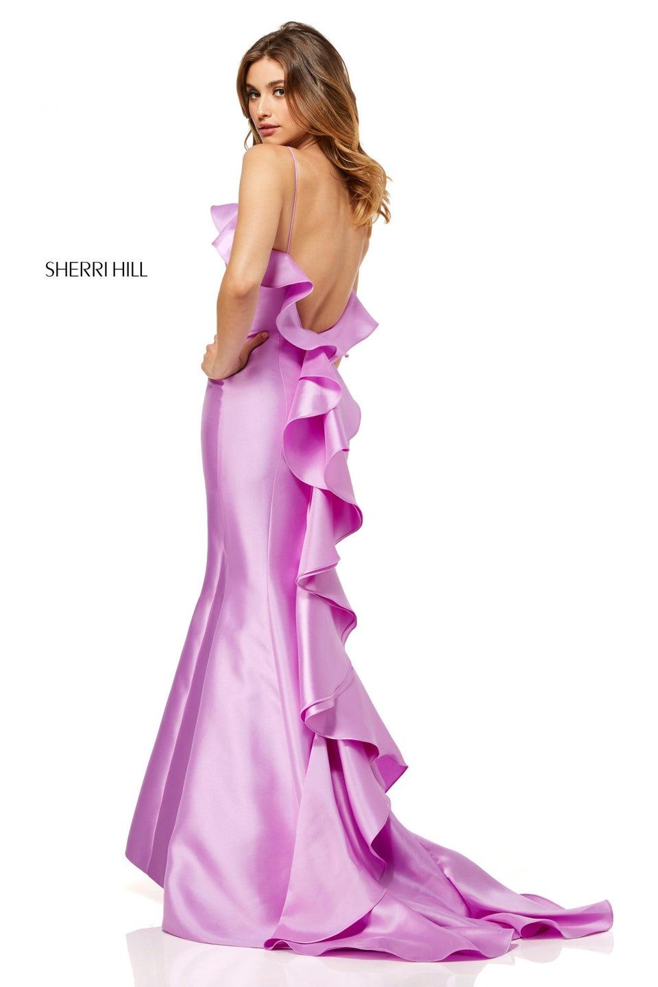 Sherri Hill Mikado Mermaid Dress With Spaghetti Straps And Ruffles On The Neckline And Down The Back