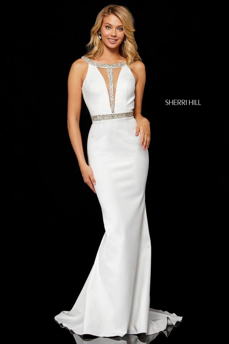 sherri hill Mikado mermaid gown with beaded T-line neck and belt and open back