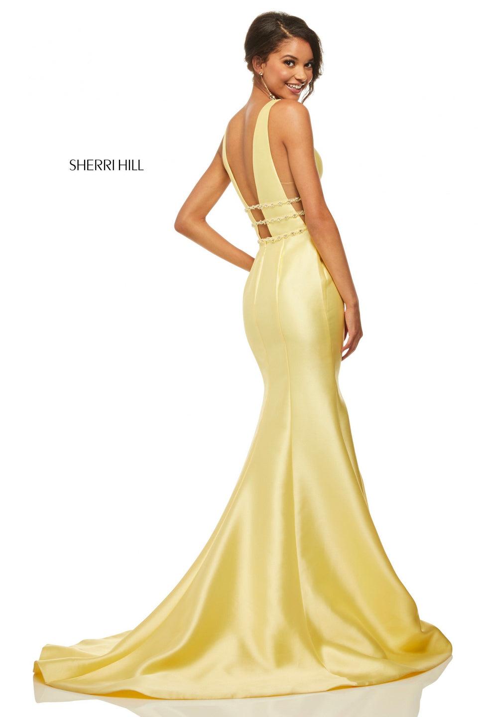 Sherri Hill Mikado Mermaid With A V-neck Bodice And Ruffle Front Slit