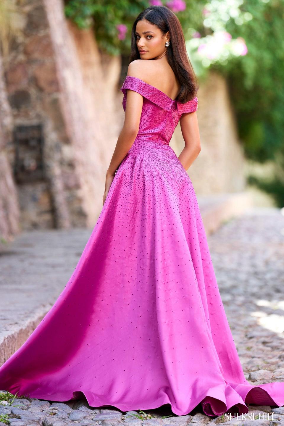 Sherri Hill Mikado Off The Shoulder Gown With Hot Fix Stones And Skirt Slit