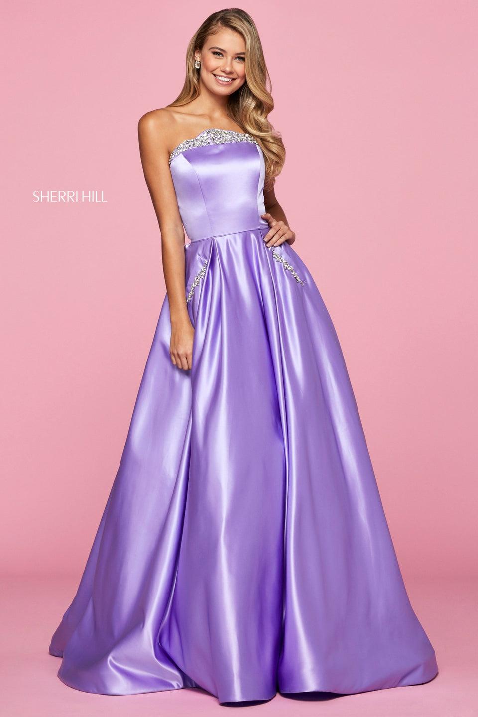 sherri hill Mikado strapless ball gown with embellished neckline and pockets