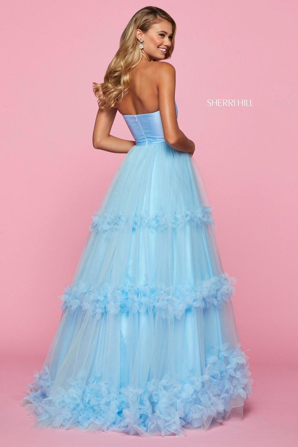 Sherri Hill Mikado Strapless Neckline Bodice With Flower Appliqued Tulle Ball Gown Skirt