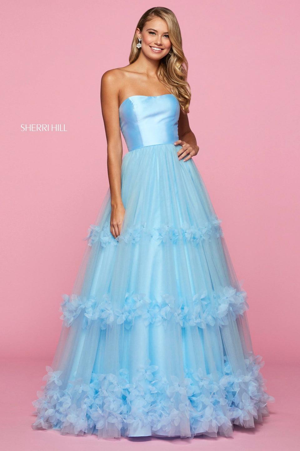 Sherri Hill Mikado Strapless Neckline Bodice With Flower Appliqued Tulle Ball Gown Skirt