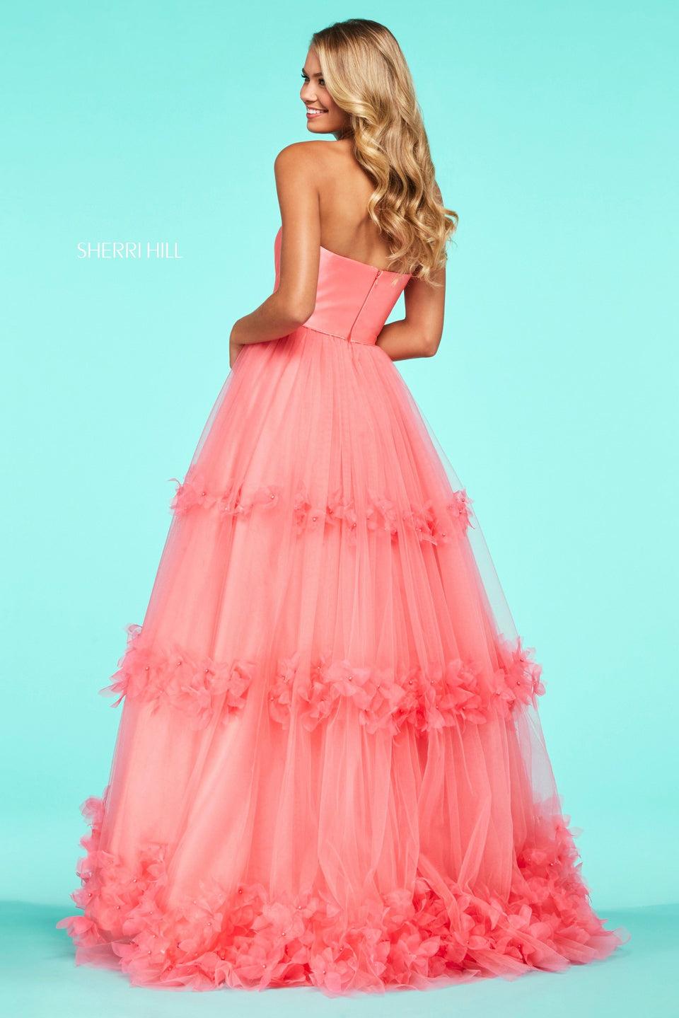 Sherri Hill Mikado Strapless Neckline Bodice With Flower Appliqued Tulle Ball Gown Skirt