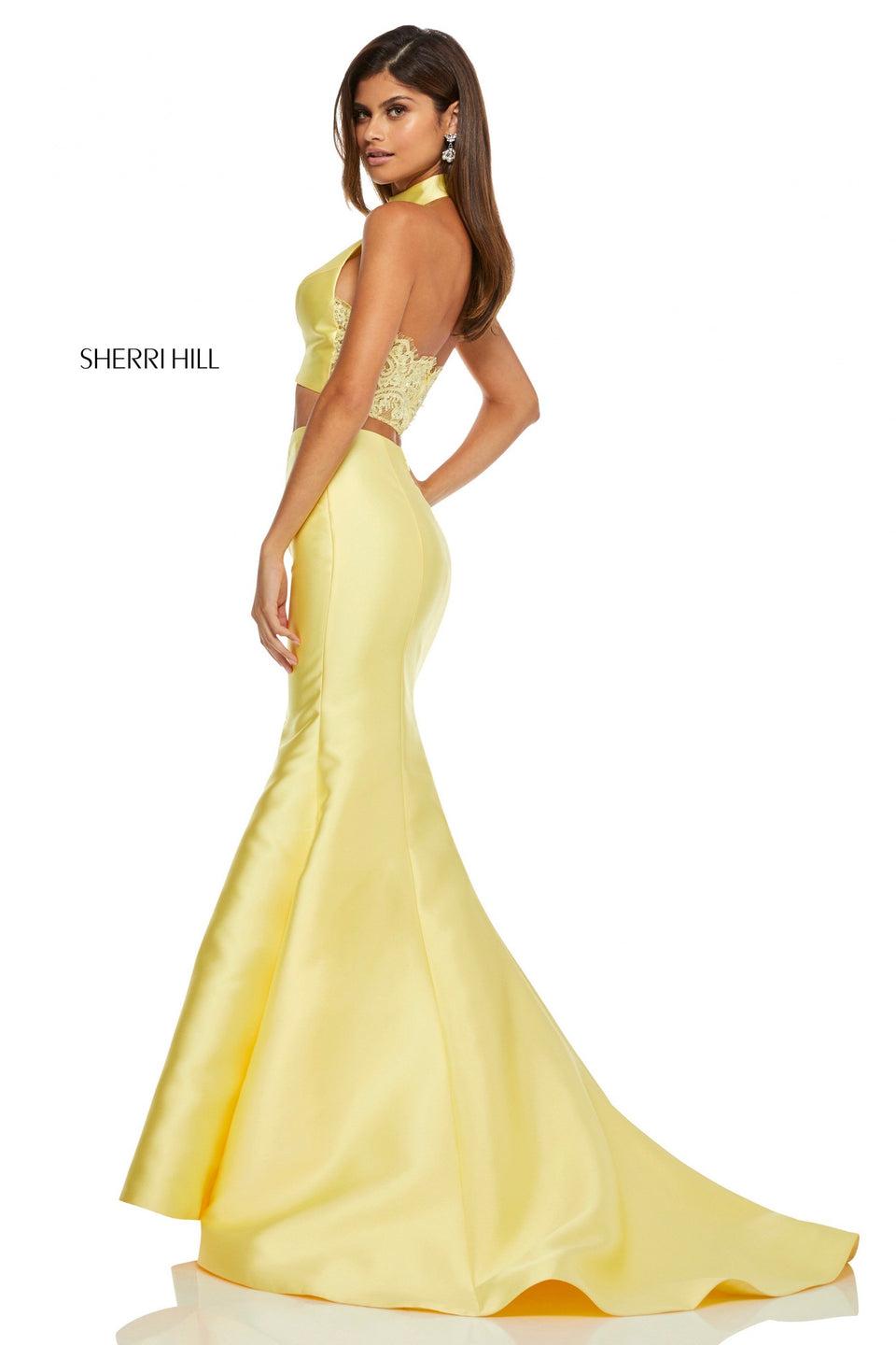 sherri hill Mikado Two-piece mermaid with high neck bodice with lace on the back