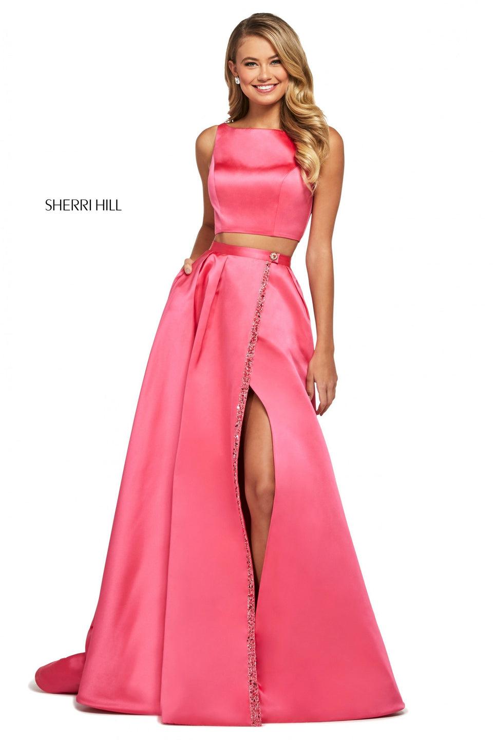 sherri hill Mikado two piece with bateau neck bodice and long wrap skirt with embellished trim