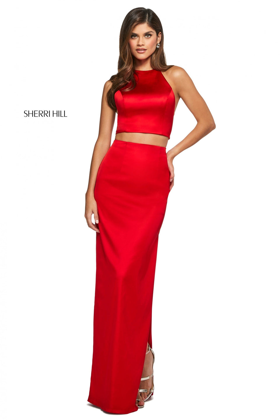 sherri hill Mikado two piece with high cut halter style top and long skirt with side slits