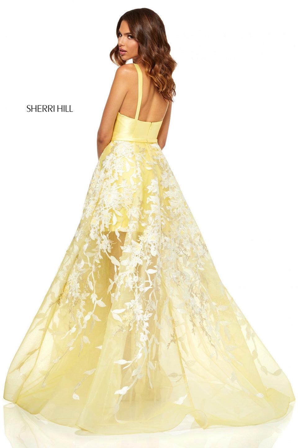 Sherri Hill Mikado V-neck Dress With Sheer Stiff Organza Embroidered Overskirt