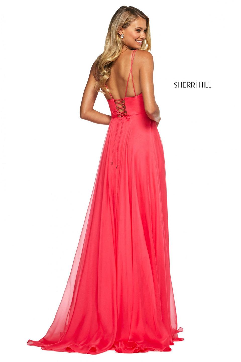 Sherri Hill Mikado V Neck Lace Up Back Bodice With Chiffon Skirt