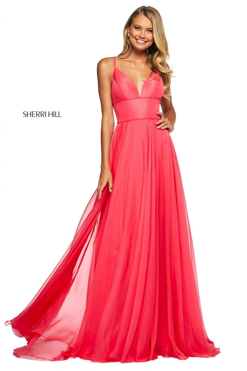 sherri hill Mikado V neck lace up back bodice with chiffon skirt