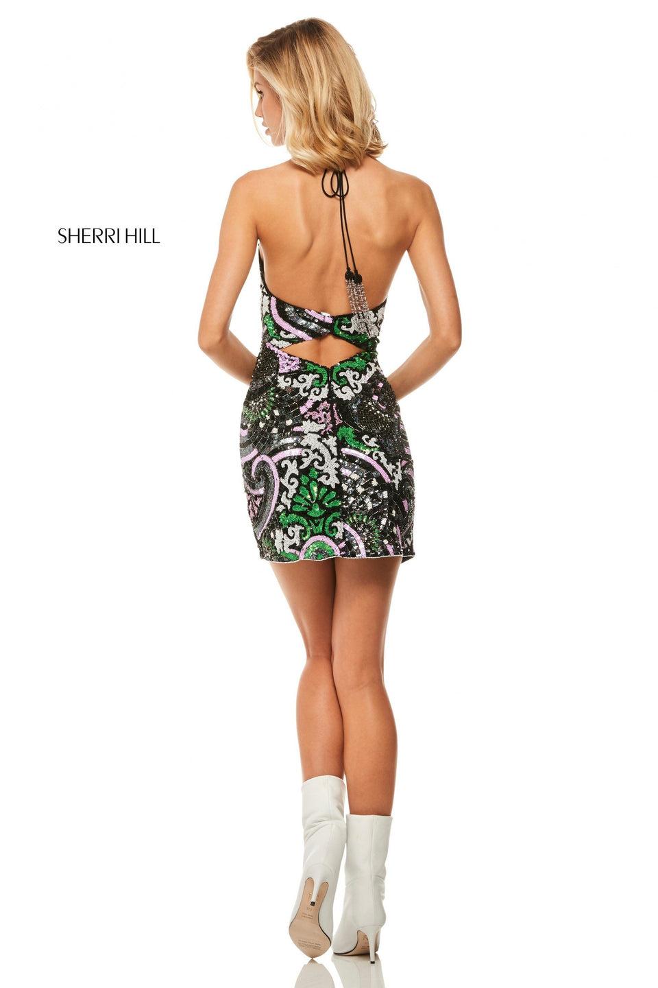 Sherri Hill Multi Beaded Cocktail With High Neck And Cut Out Back