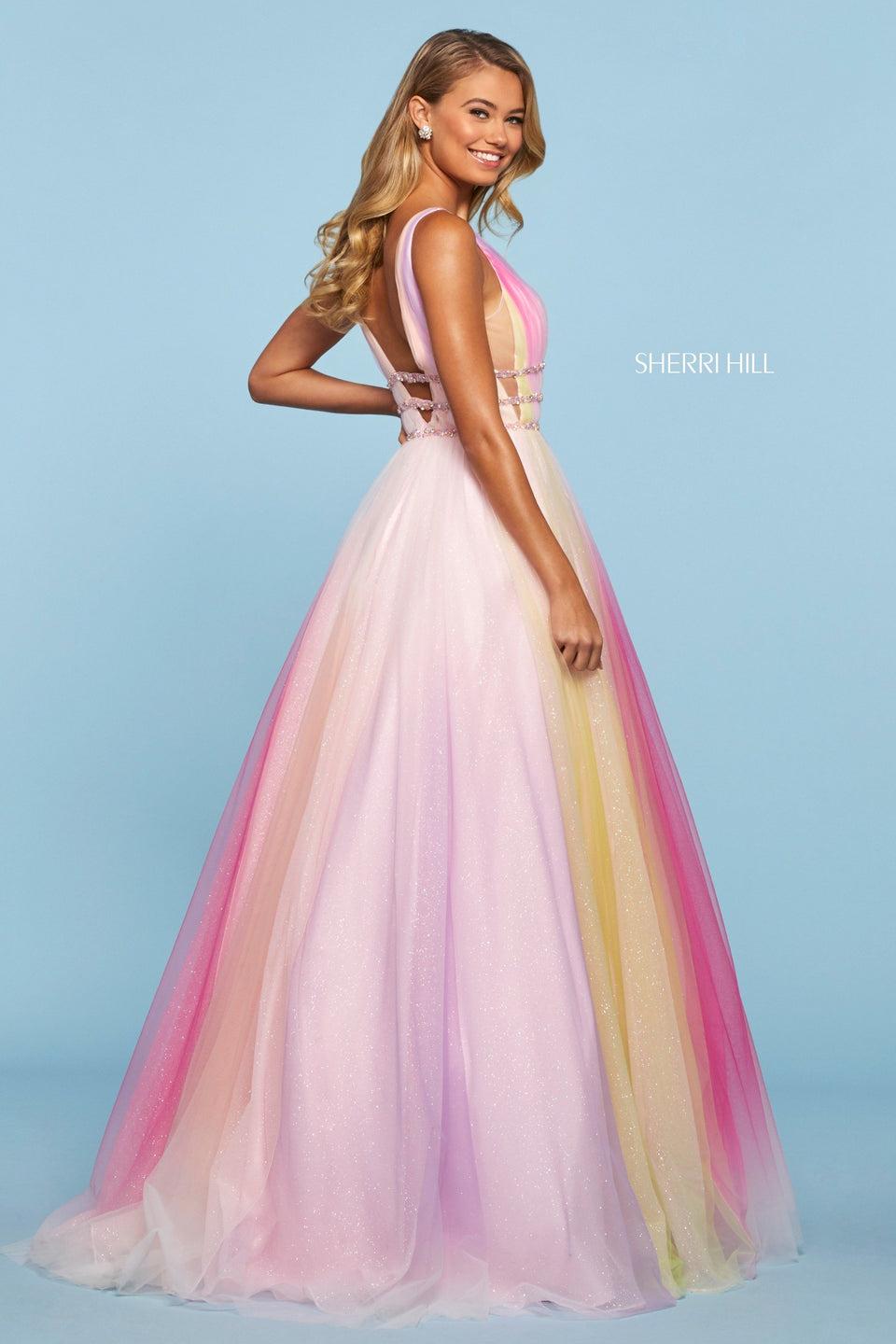 Sherri Hill Multi Colored Glitter Tulle Ball Gown Dress With Plunging V Neckline And Beaded Triple Waistband