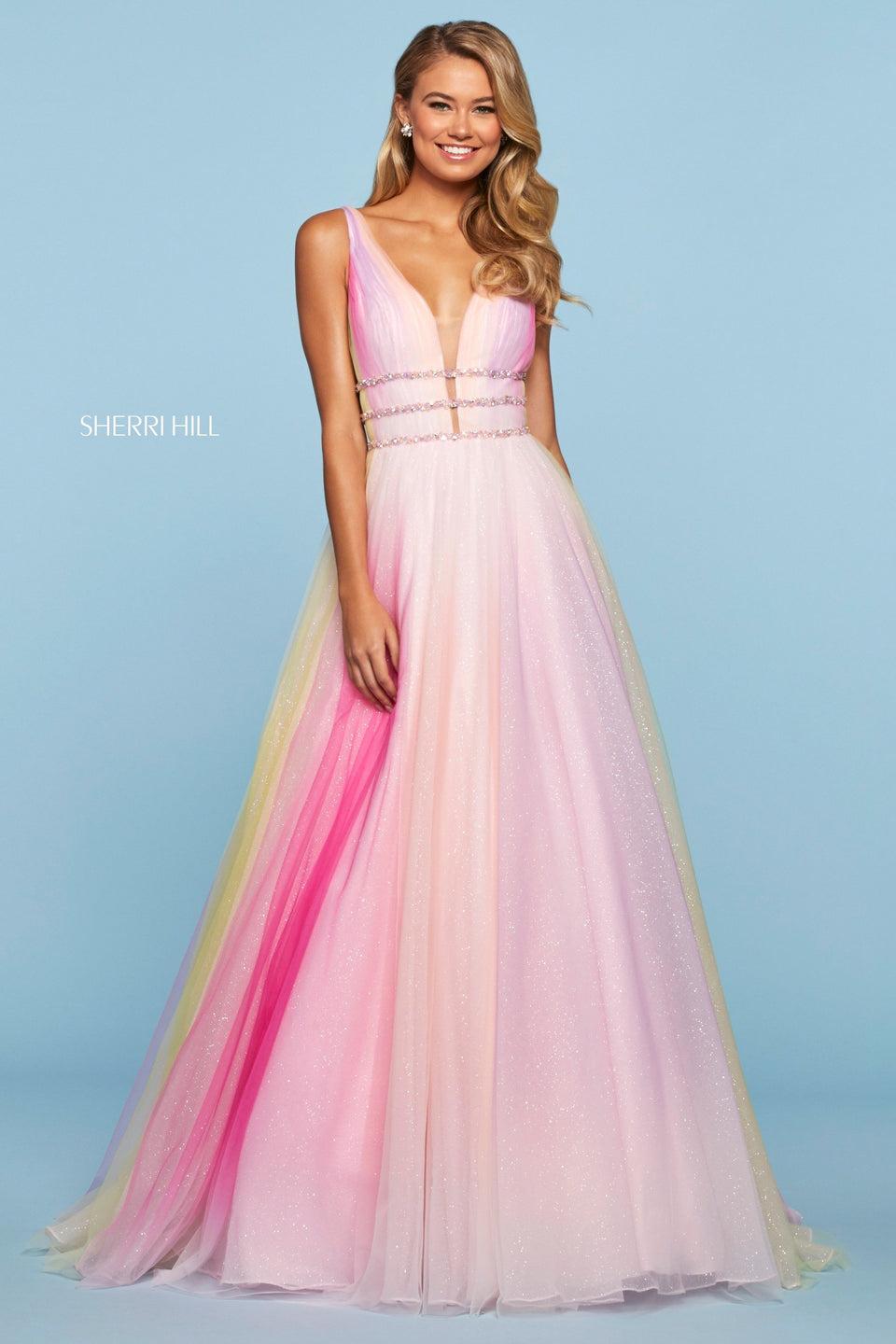 sherri hill Multi colored glitter tulle ball gown dress with plunging V neckline and beaded triple waistband