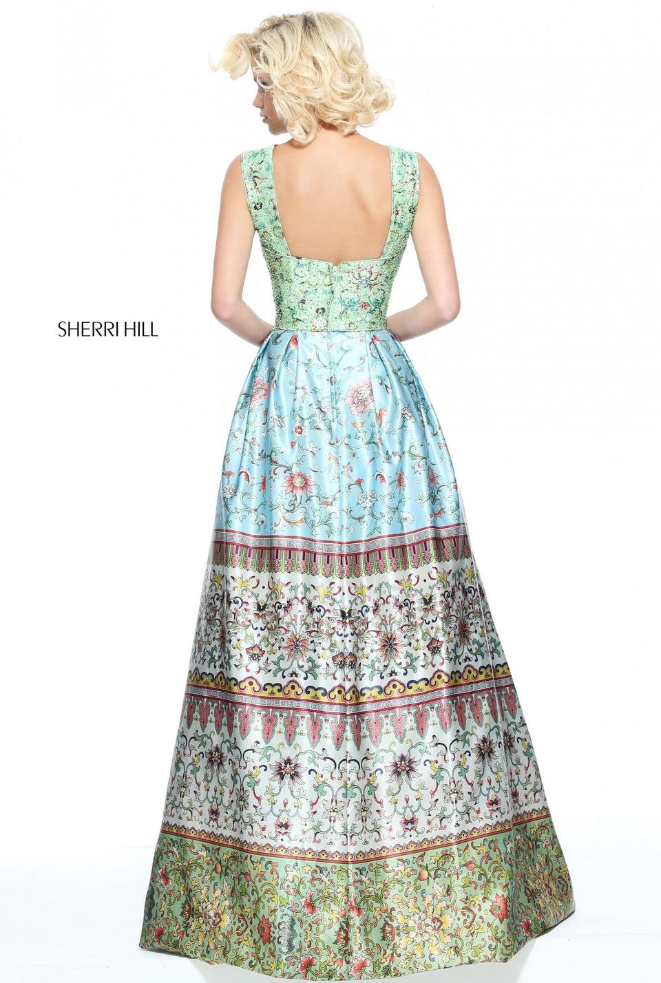 Sherri Hill Multi Green And Blue Print A-line Gown With A Tank Style Bodice