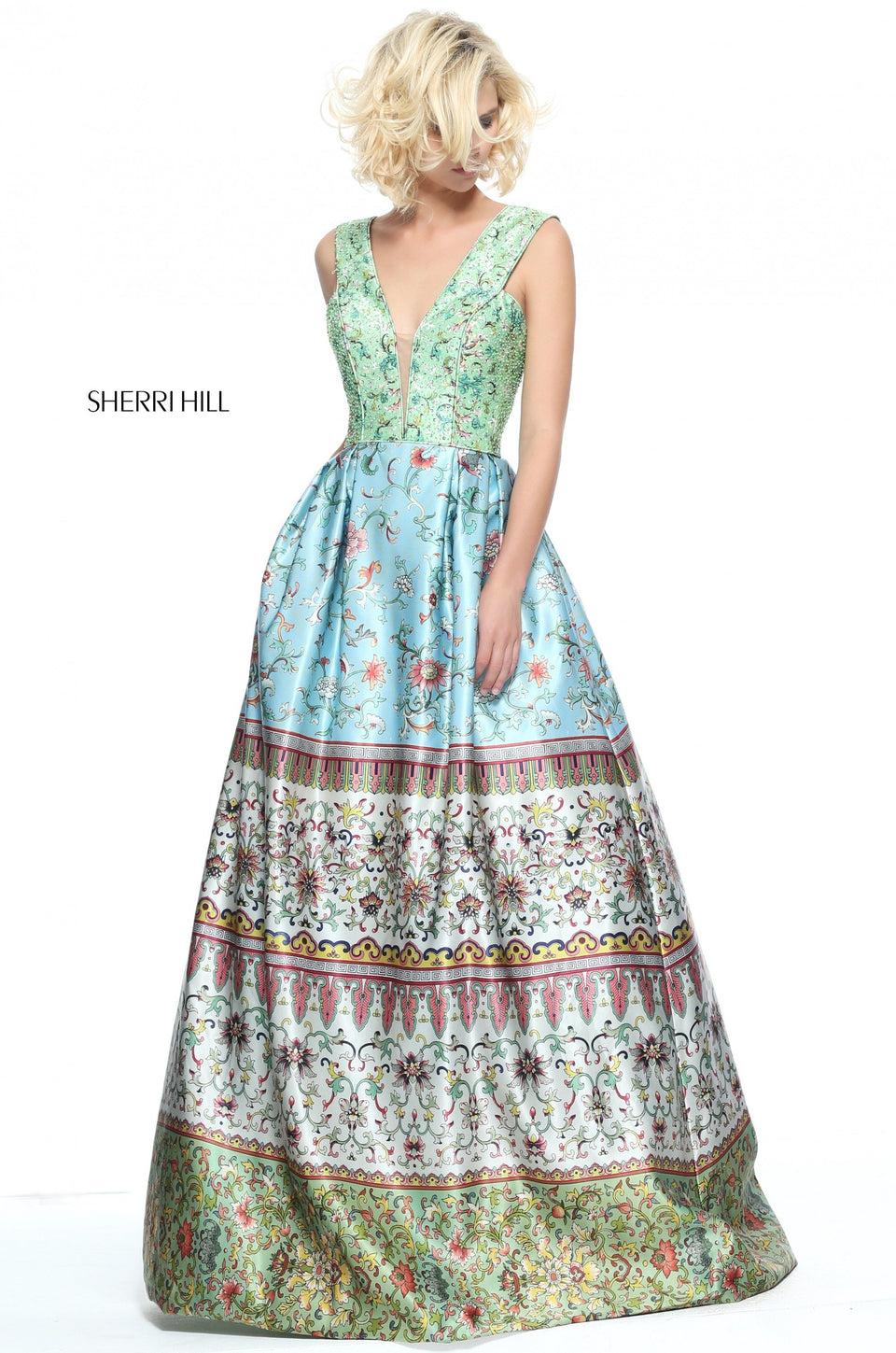 sherri hill Multi green and blue print a-line gown with a tank style bodice