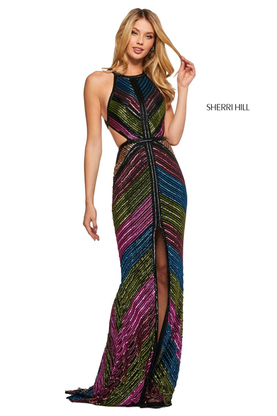 Sherri Hill Multi Stripe Beaded Column Dress With High Cut Halter Style Neckline Side And Back Cut Outs And Centered Skirt Slit