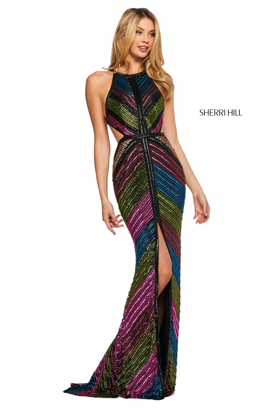 sherri hill Multi stripe beaded column dress with high cut halter style neckline side and back cut outs and centered skirt slit