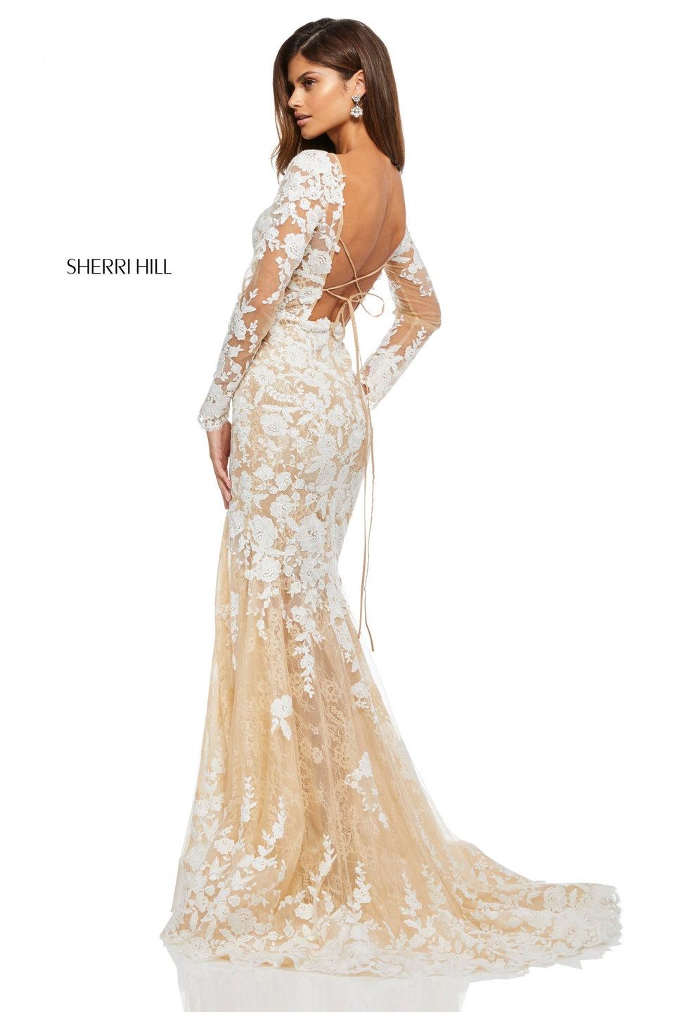 Sherri Hill Nude Illusion Long Sleeve Lace Mermaid With A Lace Up Back