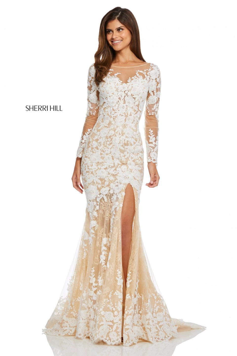 sherri hill Nude illusion long sleeve lace mermaid with a lace up back