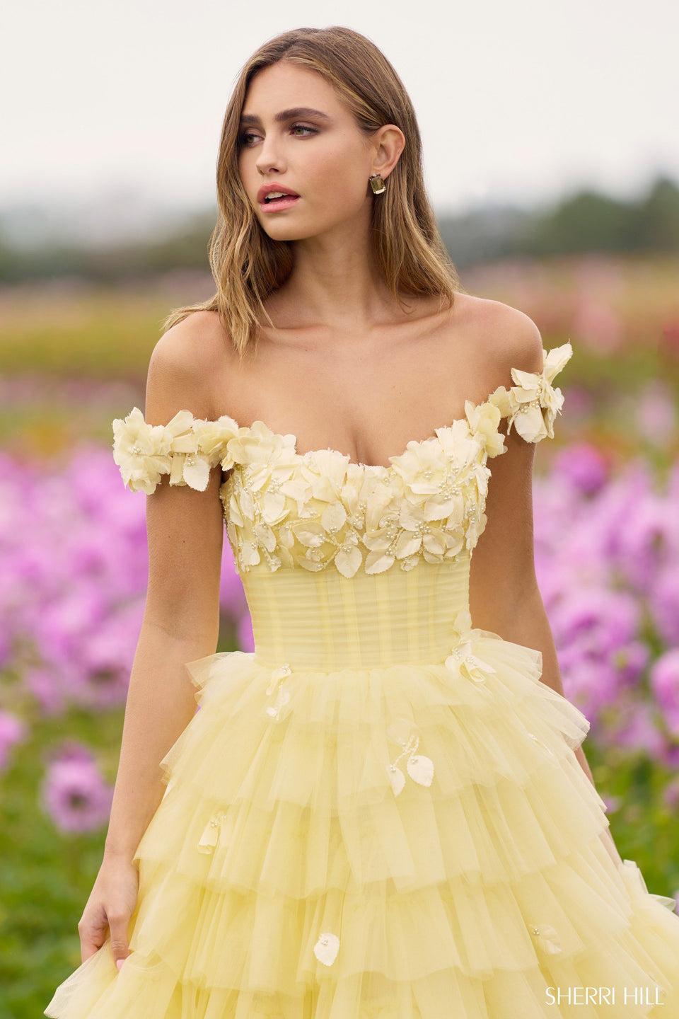 Sherri Hill Off The Shoulder 3D Floral Tulle Ballgown With Ruffle Skirt
