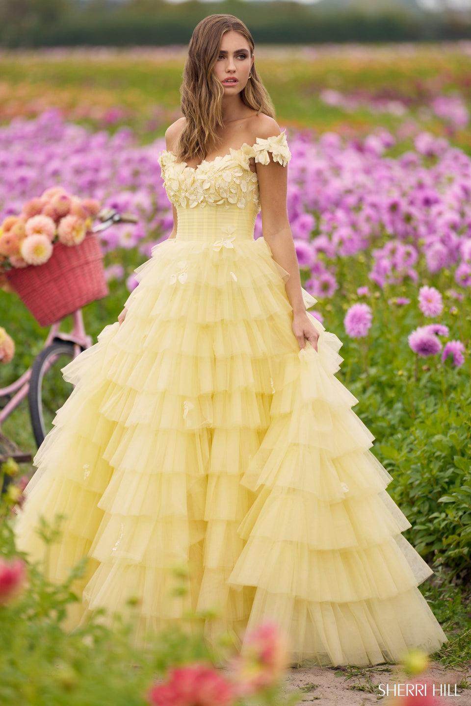 sherri hill Off the shoulder 3D floral tulle ballgown with ruffle skirt