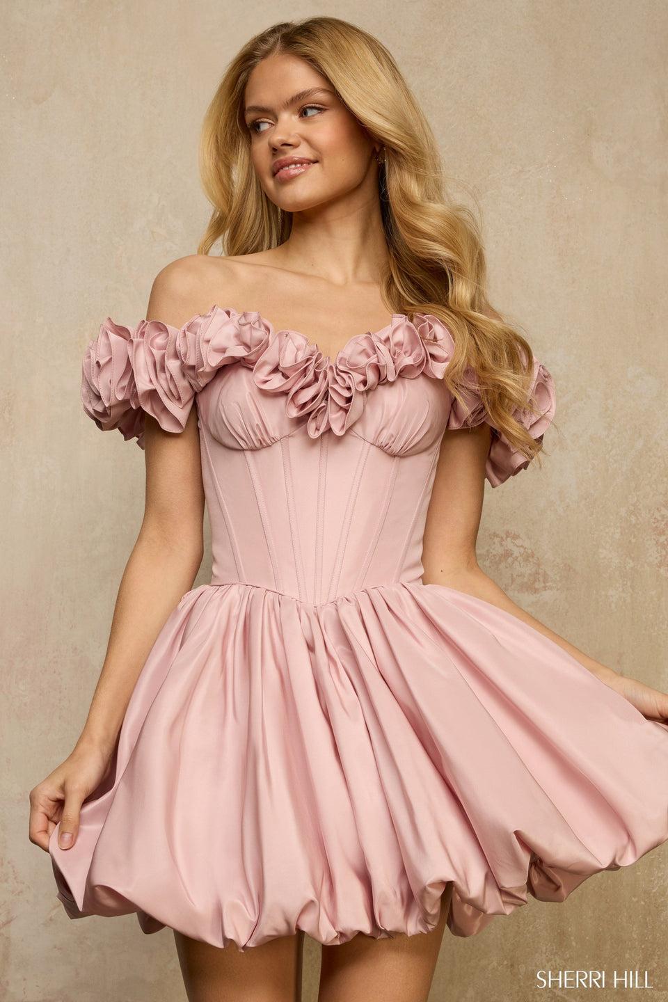 Sherri Hill Off The Shoulder 3D Flower Cocktail Dress With Corset Bodice And Bubble Skirt