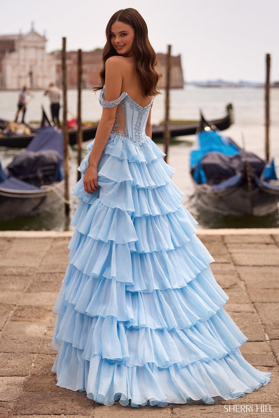 Sherri Hill Off The Shoulder A-line Gown With Sheer Sides Lace Details And Chiffon Ruffle Skirt With Slit