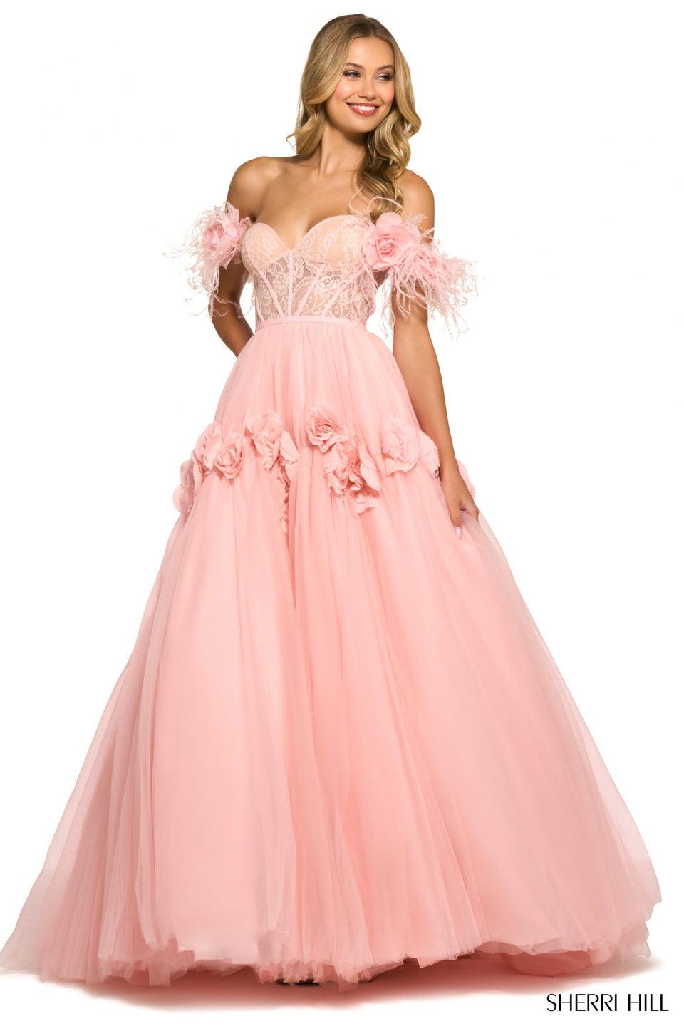 Sherri Hill Off The Shoulder Ball Gown With A Lace Corset Top Feathered Sleeves And Tulle Skirt With Rose Pedal Embellishments