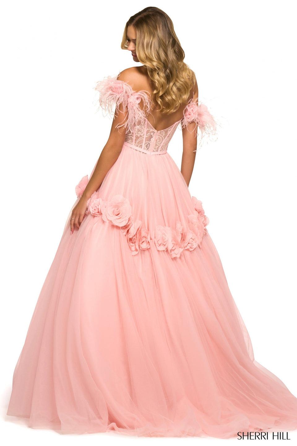 Sherri Hill Off The Shoulder Ball Gown With A Lace Corset Top Feathered Sleeves And Tulle Skirt With Rose Pedal Embellishments
