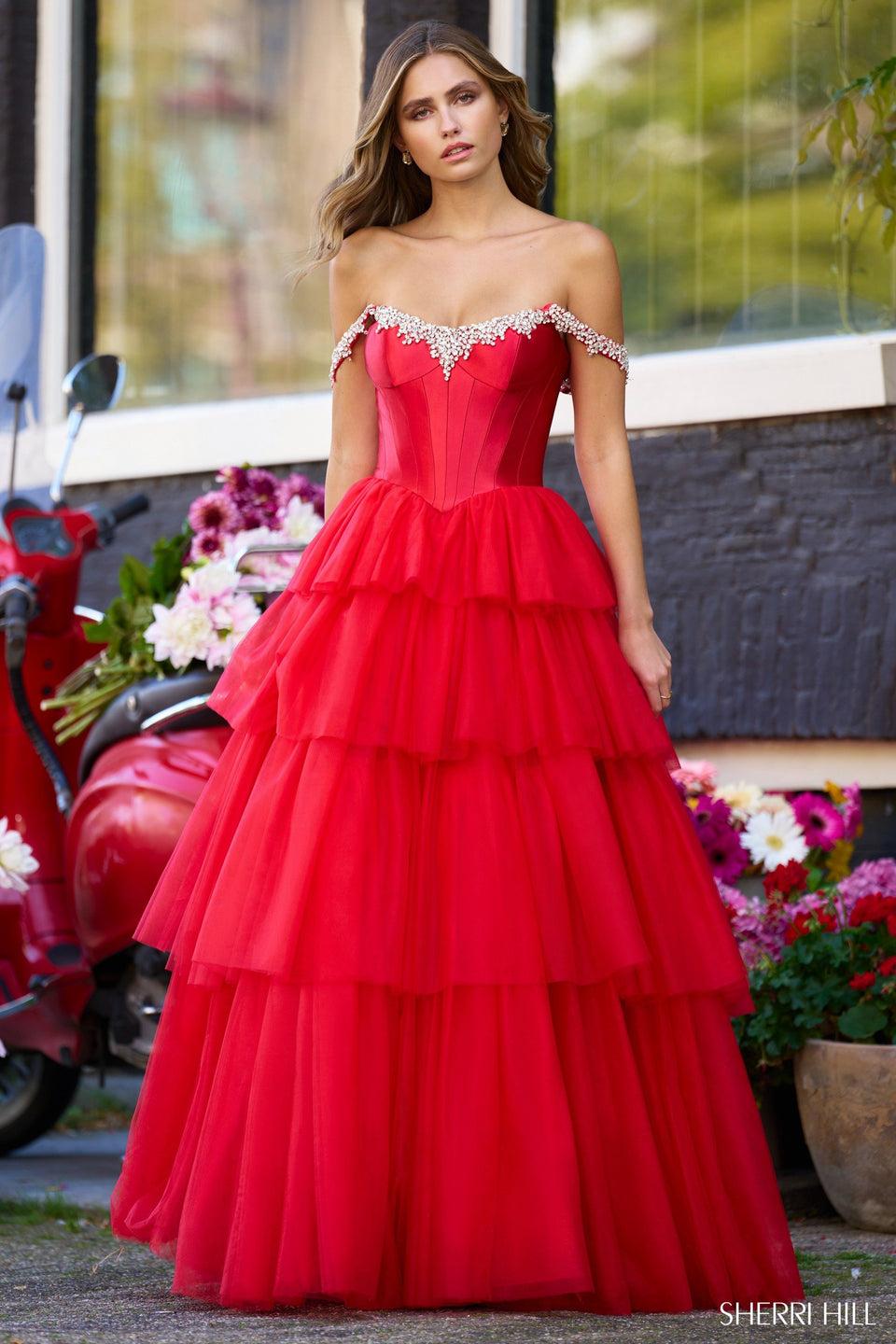 Sherri Hill Off The Shoulder Ball Gown With Rhinestone Embellished Neckline And Ruffle Tulle Skirt