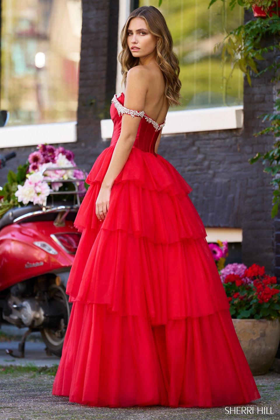 Sherri Hill Off The Shoulder Ball Gown With Rhinestone Embellished Neckline And Ruffle Tulle Skirt