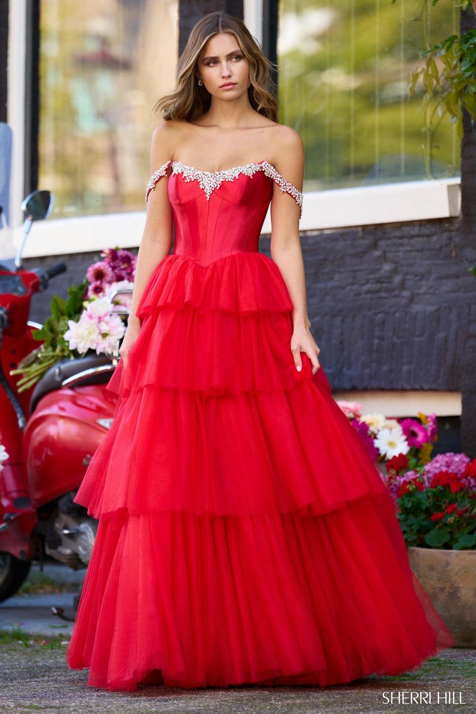 sherri hill Off the shoulder ball gown with rhinestone embellished neckline and ruffle tulle skirt