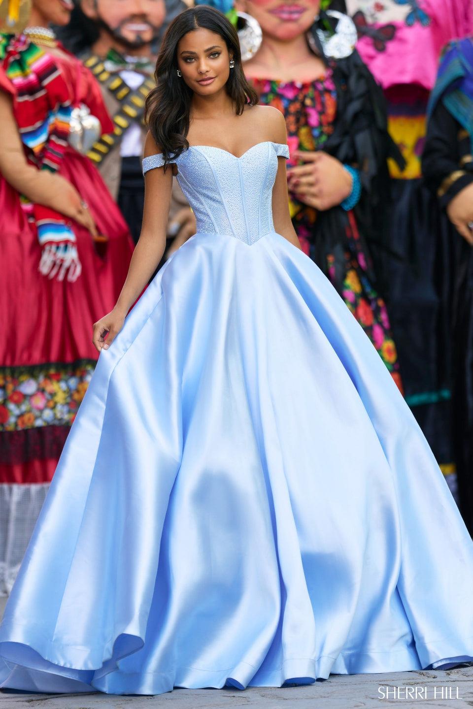 Sherri Hill Off The Shoulder Ballgown With Hot Fix Corset Bodice And Mikado Skirt