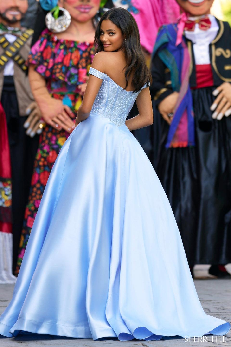 Sherri Hill Off The Shoulder Ballgown With Hot Fix Corset Bodice And Mikado Skirt
