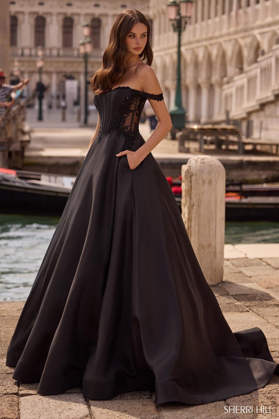 Sherri Hill Off The Shoulder Ballgown With Sheer Sides And Lace Details