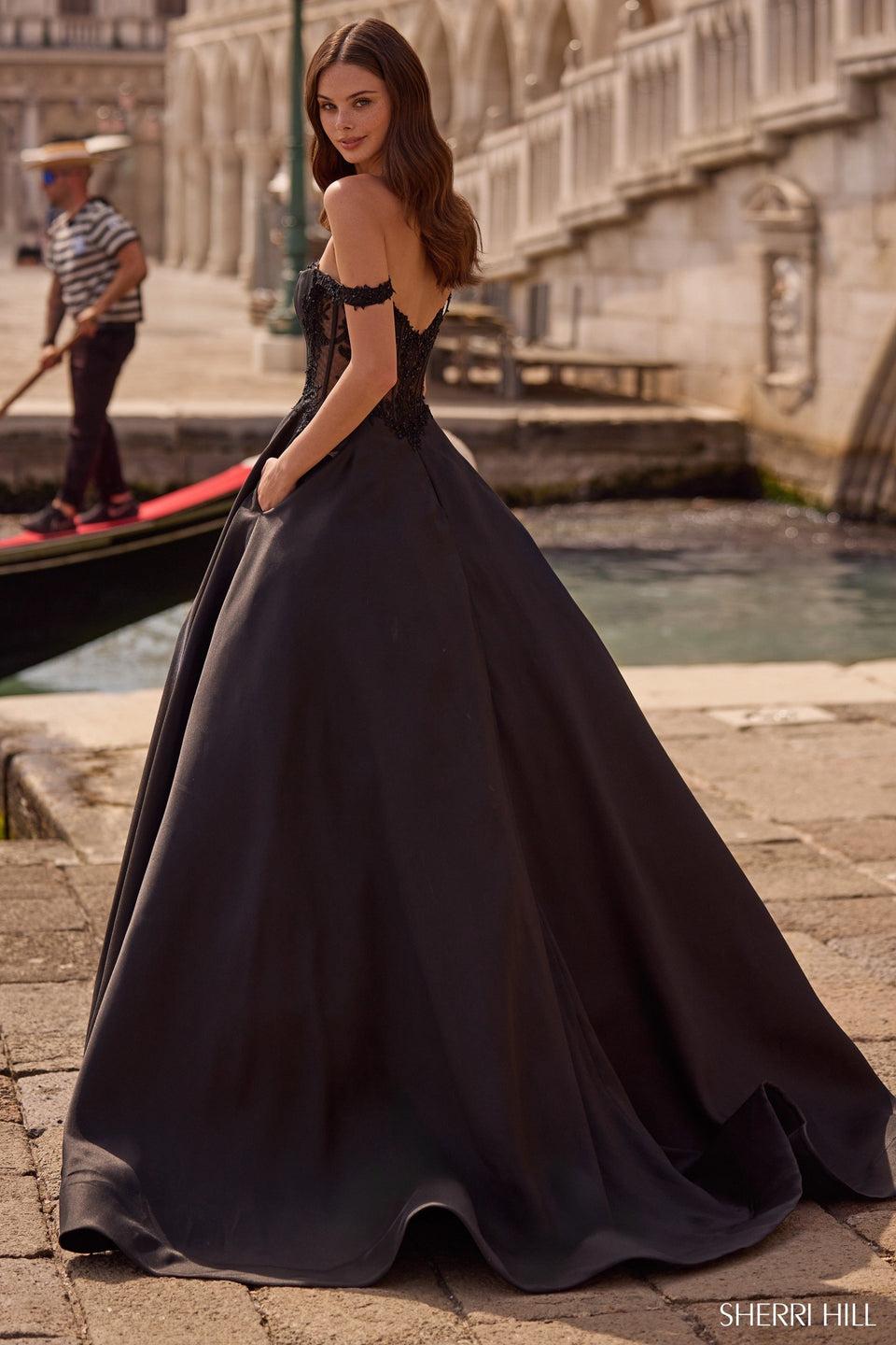 Sherri Hill Off The Shoulder Ballgown With Sheer Sides And Lace Details