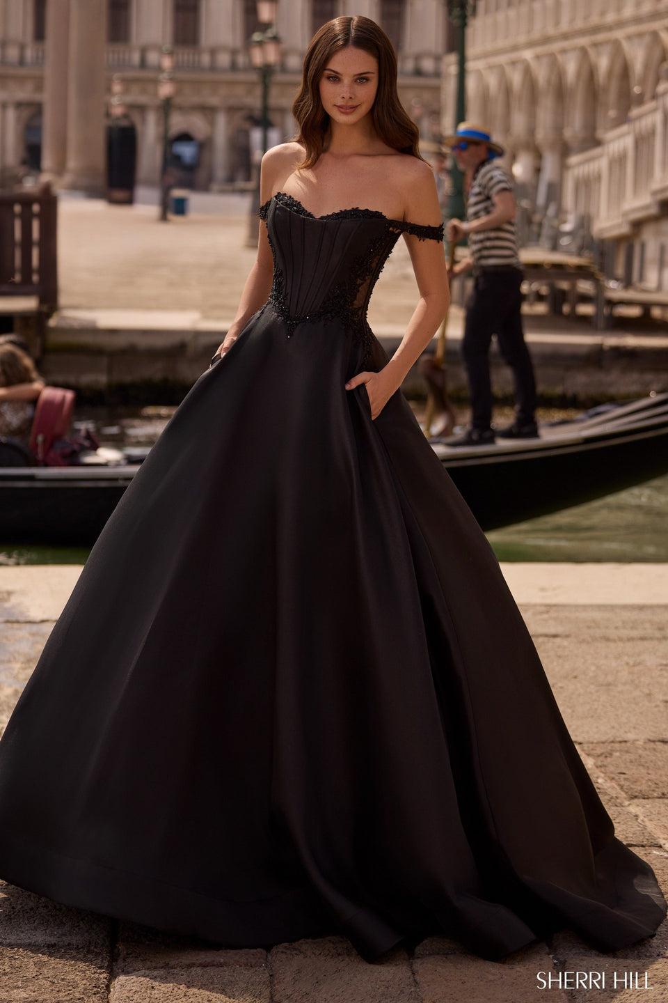 sherri hill Off the shoulder ballgown with sheer sides and lace details