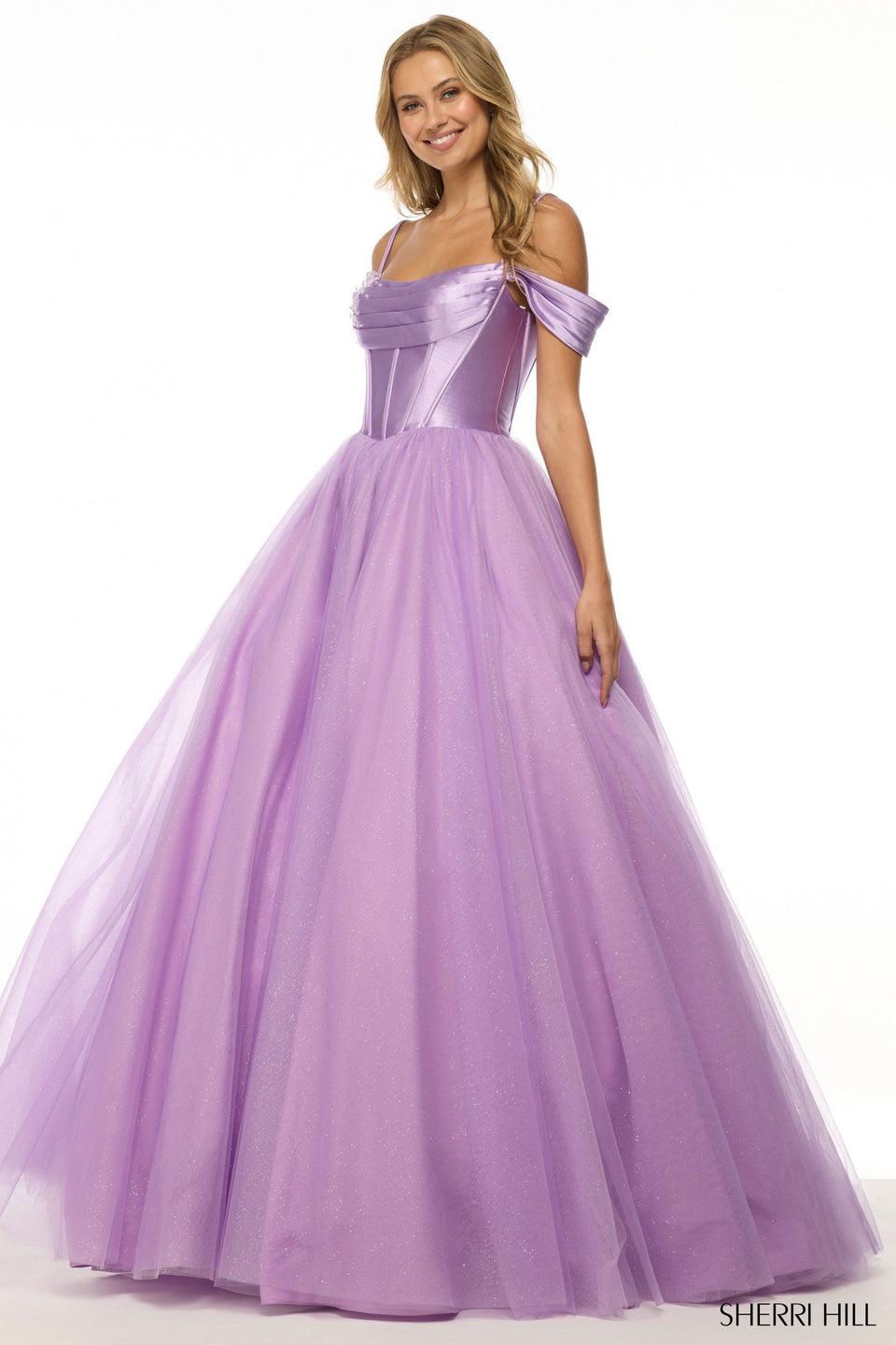 Sherri Hill Off The Shoulder Ballgown With Sparkle Tulle Skirt And A Corset Bodice