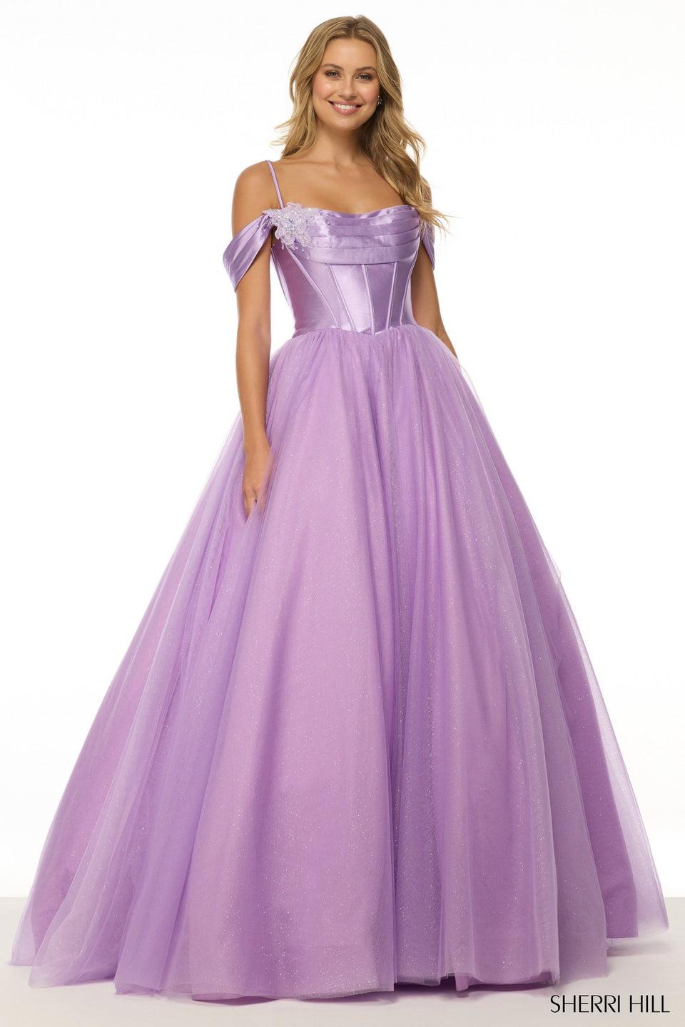 sherri hill Off the shoulder ballgown with sparkle tulle skirt and a corset bodice