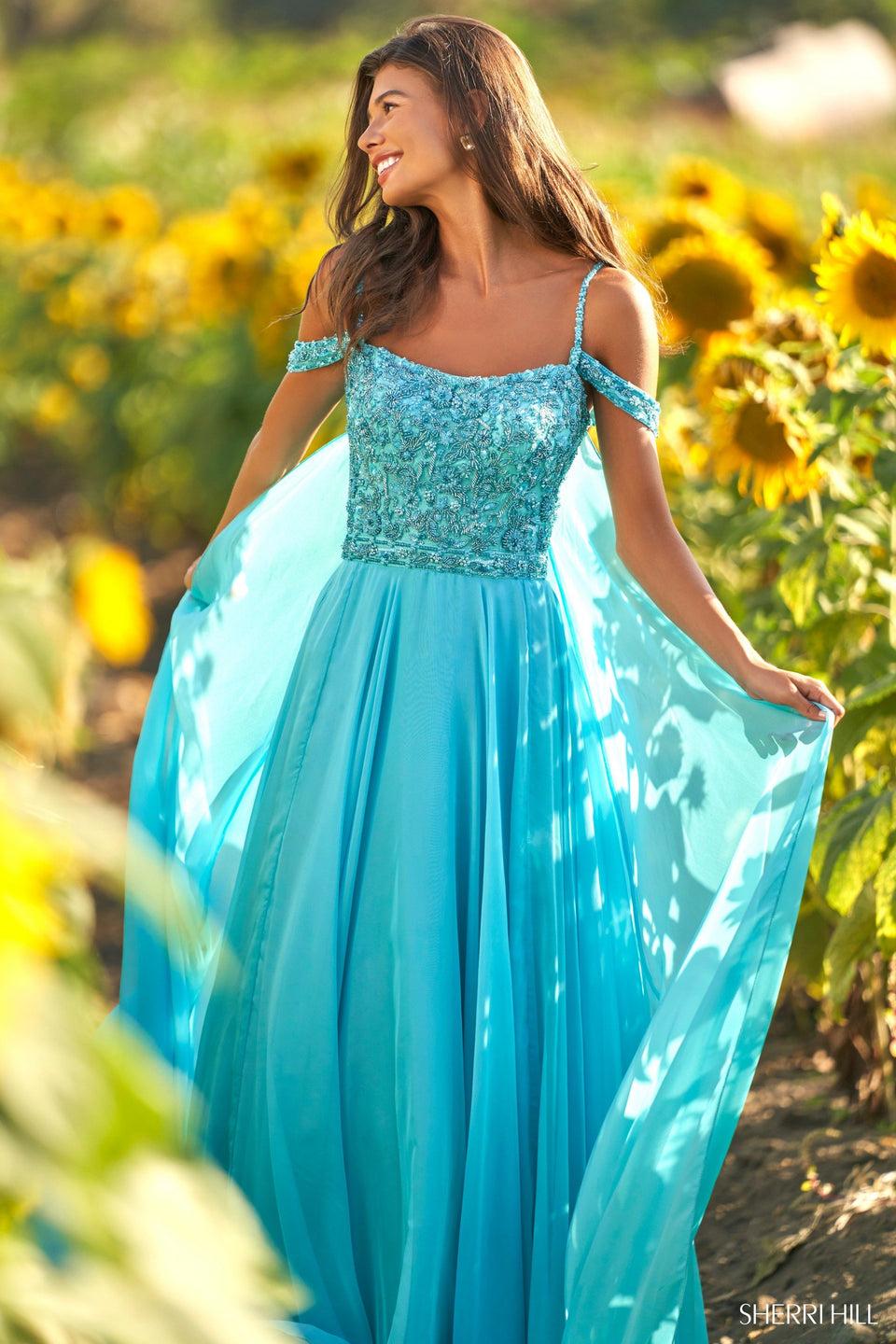 Sherri Hill Off The Shoulder Beaded Bodice Gown With Chiffon Cape And Skirt