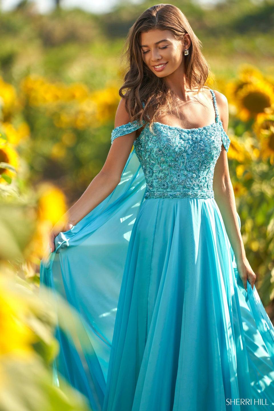 sherri hill Off the shoulder beaded bodice gown with chiffon cape and skirt