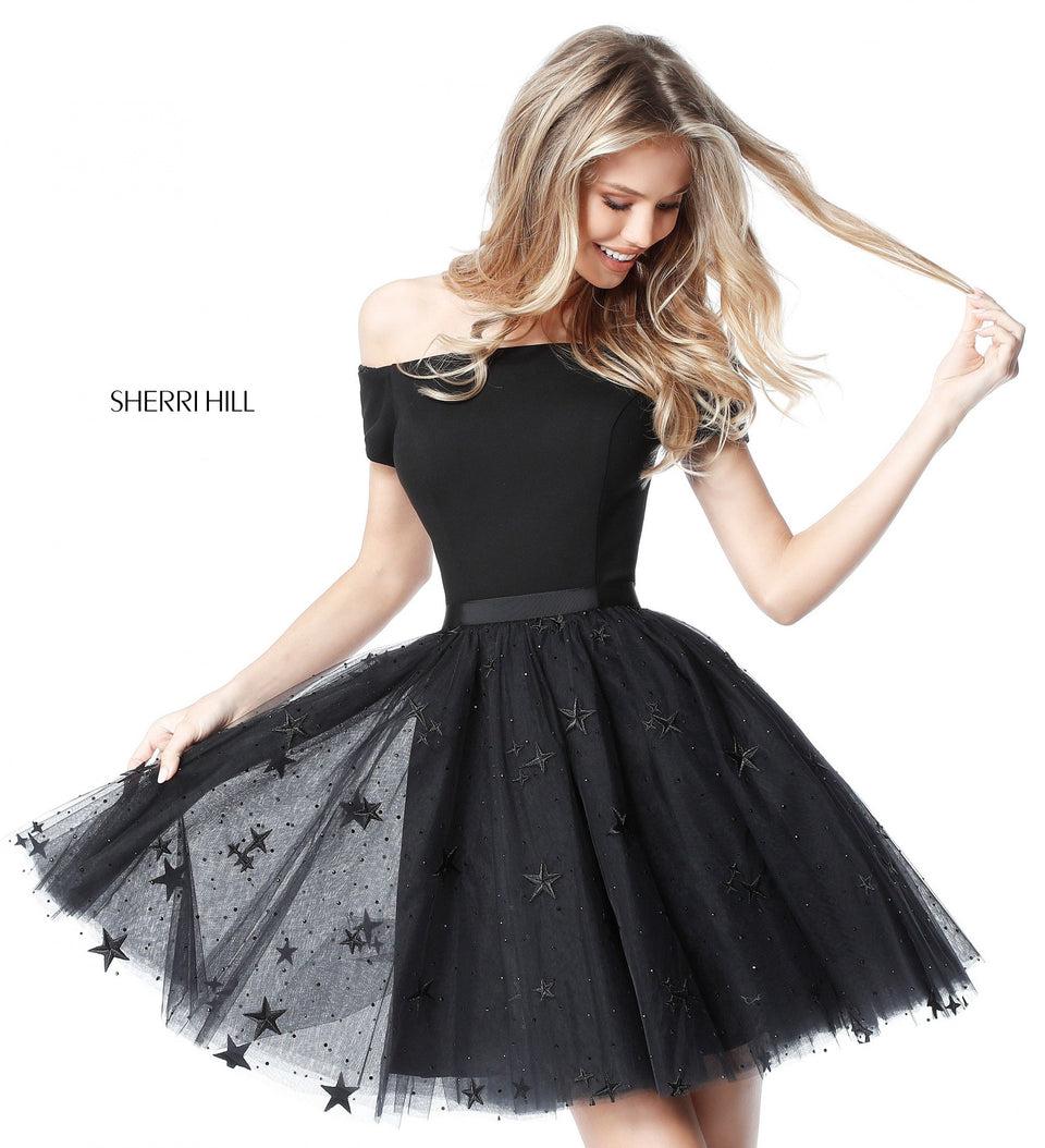 Sherri Hill Off-the-shoulder Bodice And Tulle A-line Cocktail Skirt With Star Appliques